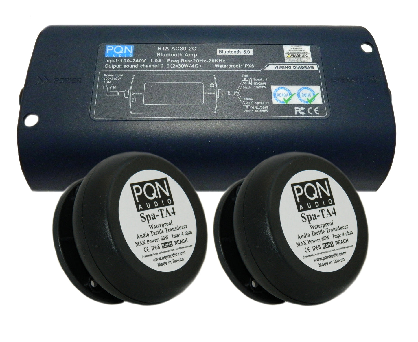 Kit includes: BTA-AC30 Amp, 1 pair of SPA-TA4 Transducers, wiring harness, mounting plates, epoxy and instructions.