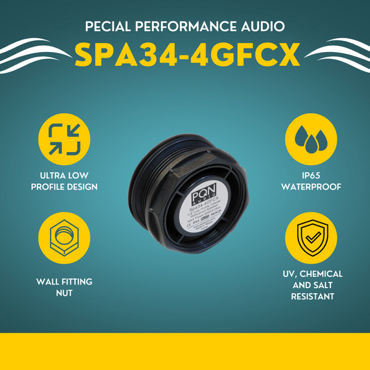 PQN Audio SPA34-4GFCX is a 3.8" Low-Profile Coaxial Waterproof Audio Speaker w/ Rear Nut Mounting