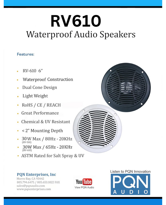 RV610-4W 6" waterproof speakers for RVs, campers, marine & spas. UV/chemical resistant with long-lasting audio performance.