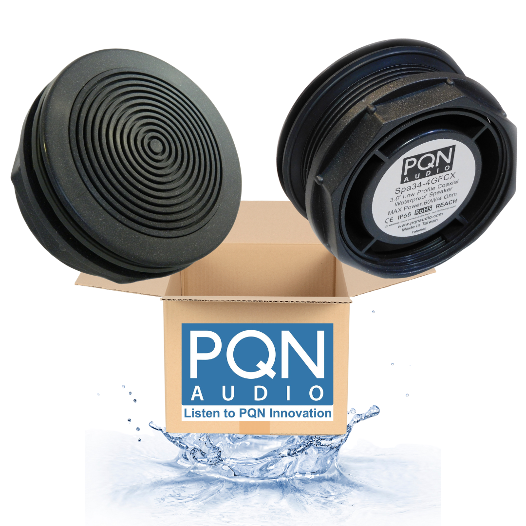 PQN Audio Spa34-4GFCX Low-Profile 2-Way Waterproof Speaker for Hot Tubs, RVs & Marine. Single-hole wall-mount design.