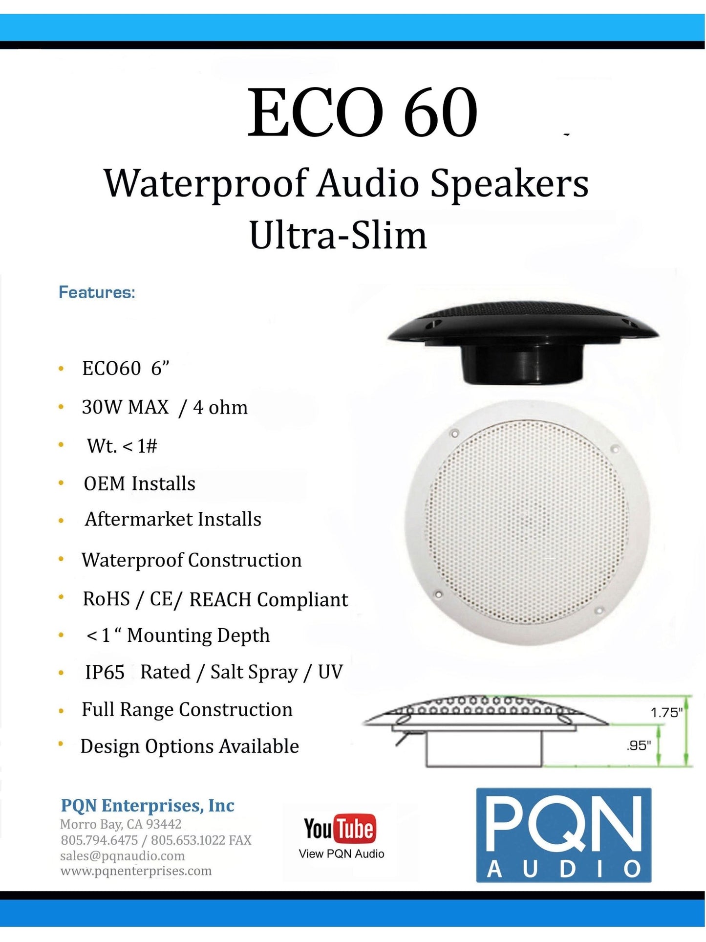 PQN Audio ECO60 6" Waterproof, Ultra-Slim Speaker for RV, Camper, Marine and Outside Weather