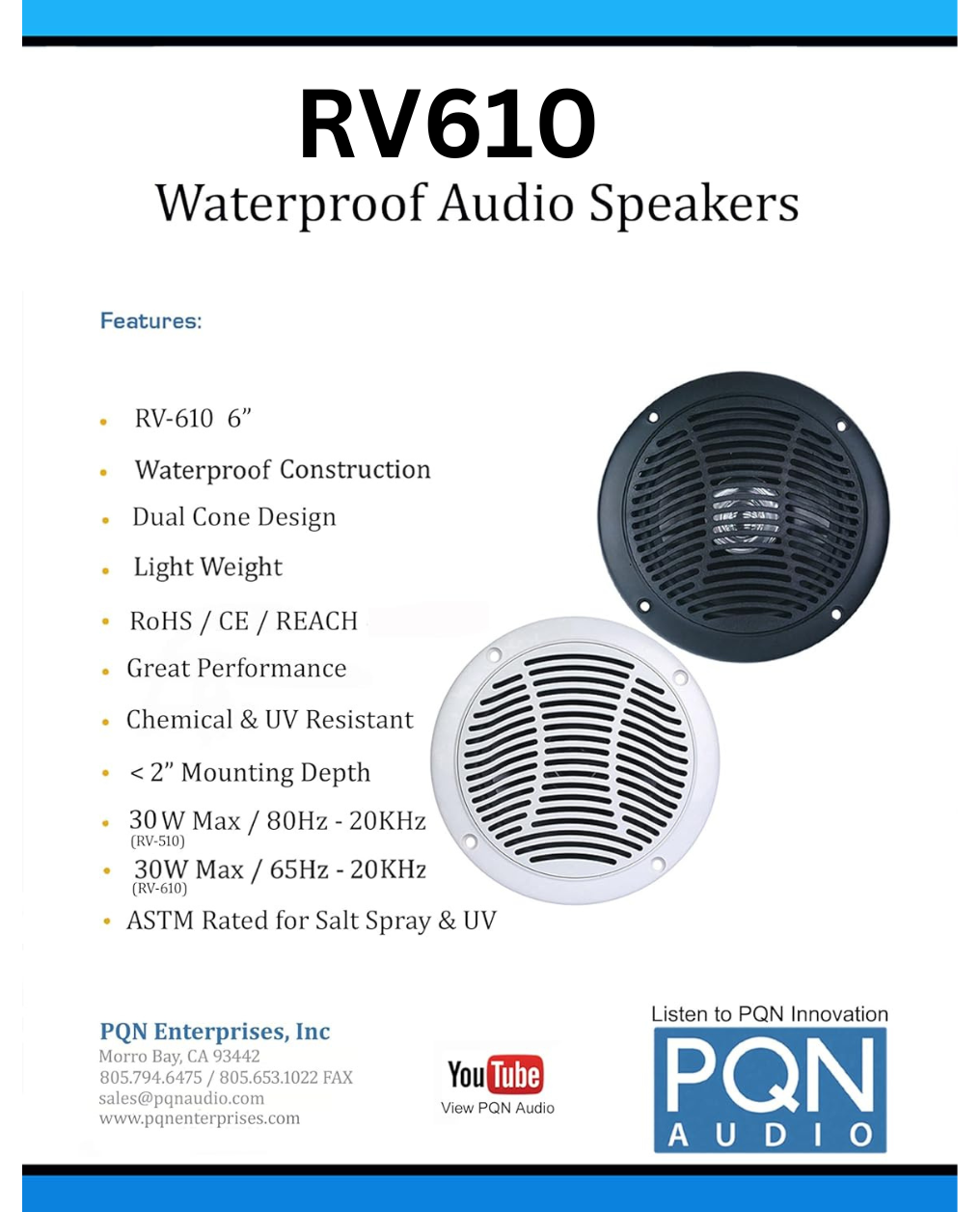RV610-4W 6" waterproof speakers for RVs, campers, marine & spas. UV/chemical resistant with long-lasting audio performance.