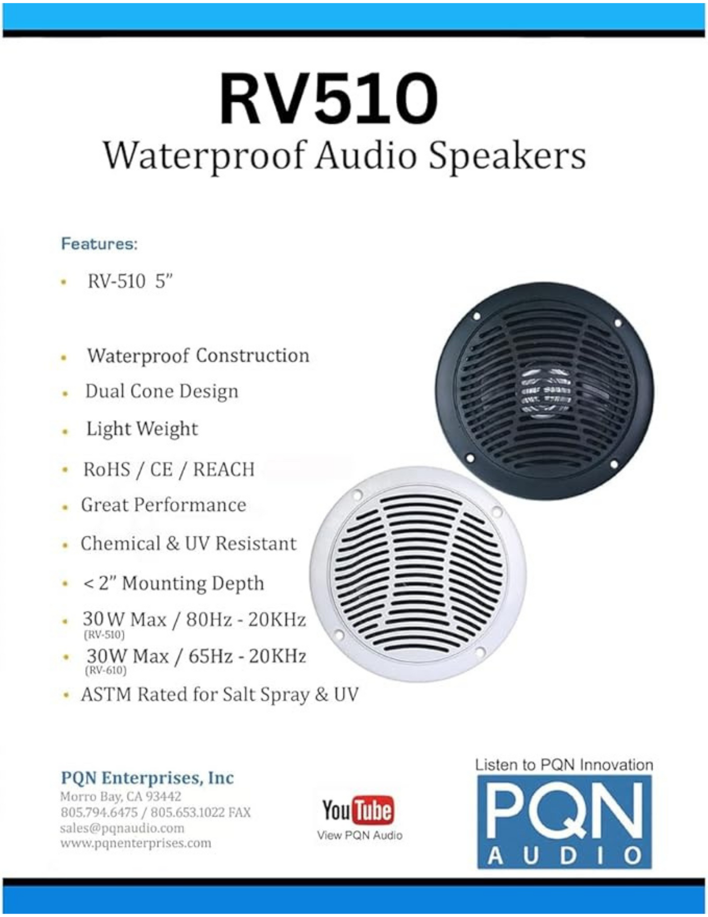PQN Audio RV510-4W 5" waterproof speakers for RVs, campers, marine & spas. Durable, UV/chemical resistant with long-lasting audio performance.