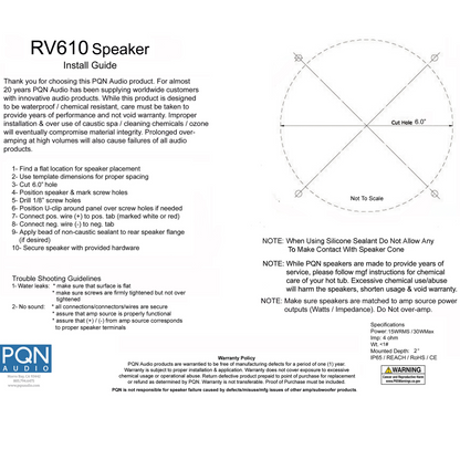 RV610-4W 6" waterproof speakers for RVs, campers, marine & spas. UV/chemical resistant with long-lasting audio performance.