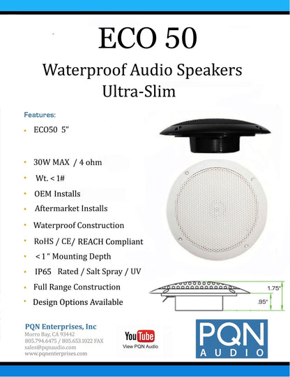 PQN Audio ECO50: Waterproof 5" Ultra-Slim Speaker for Exceptional Sound for Campers, RV and Marine Applications!